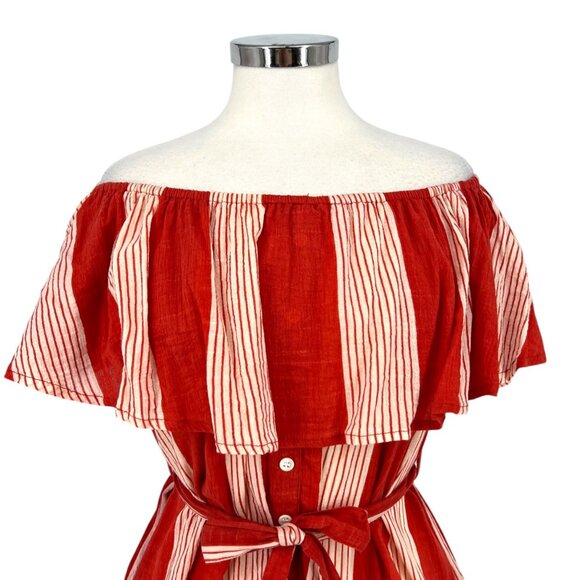 Faithfull The Brand Amalfi Rust Red Striped Off-Shoulder Dress Size Small - Picture 2 of 11